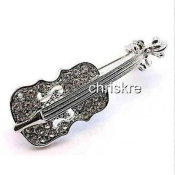 Silver Crystal Violin Pin Brooch Fiddle Music - Picture 6 of 8